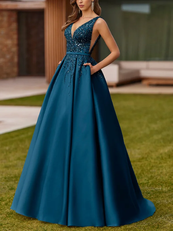V-neck Sequin Solid Color Maxi Dress