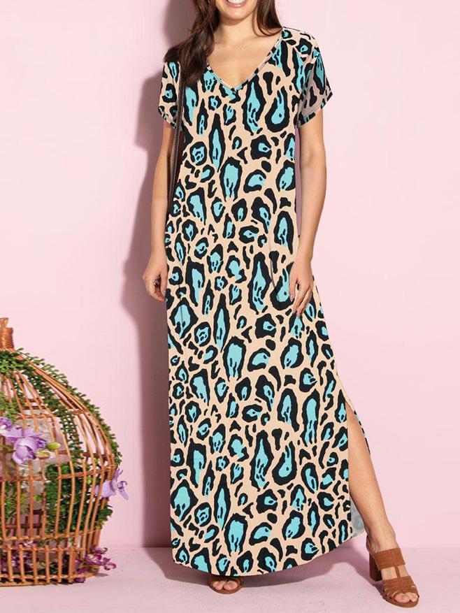 Women Half Sleeve V-neck Solid Color Dress