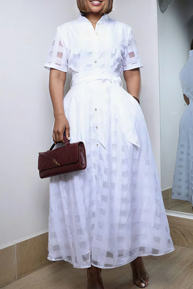 Plus Size Business Casual White Shirt Collar Short Sleeve Pocket Casual Maxi Dresses [Pre-Order] 2024 - Xpluswear