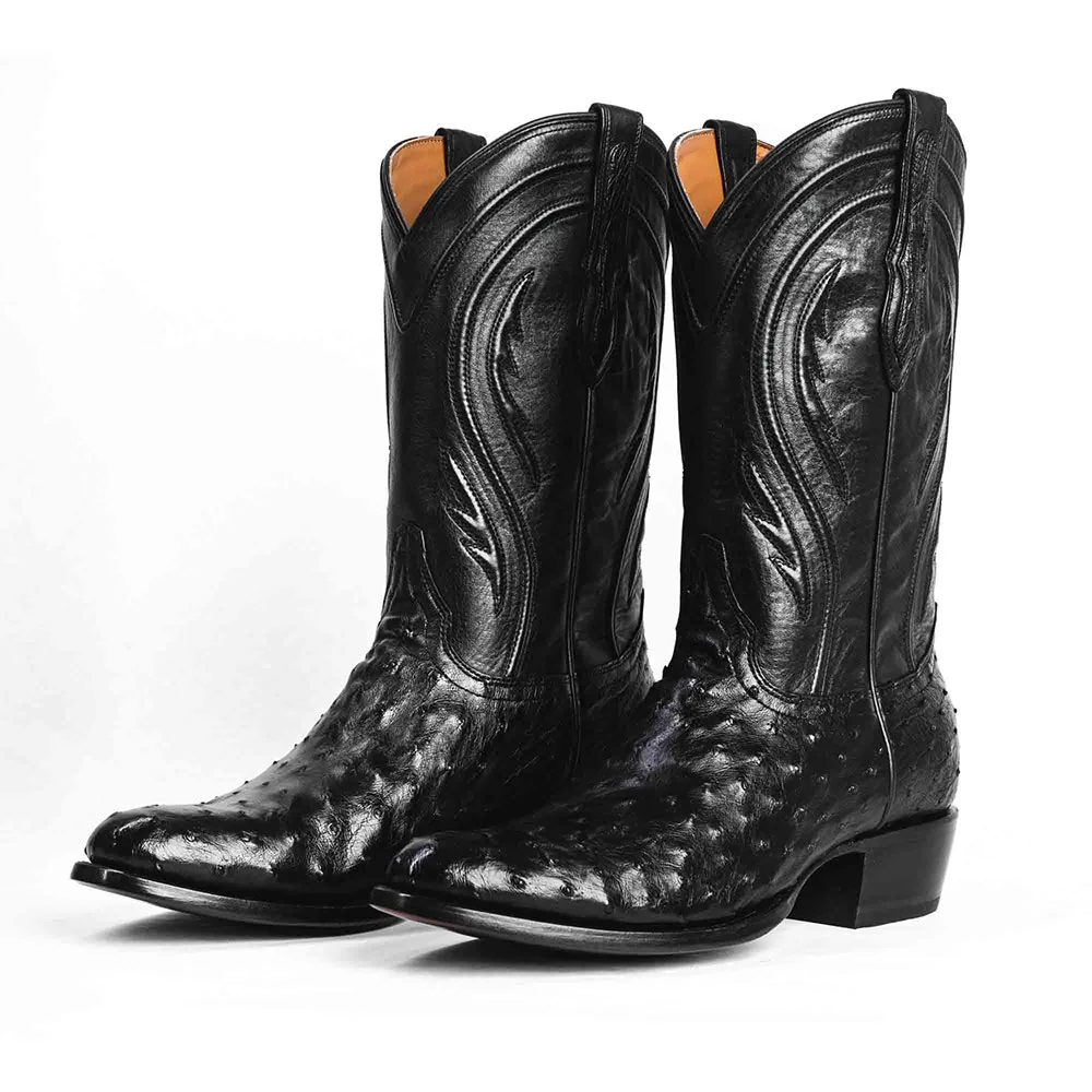 YDN Black Ostrich Embossed Round Toe Chunky Heel Cowgirl Boots