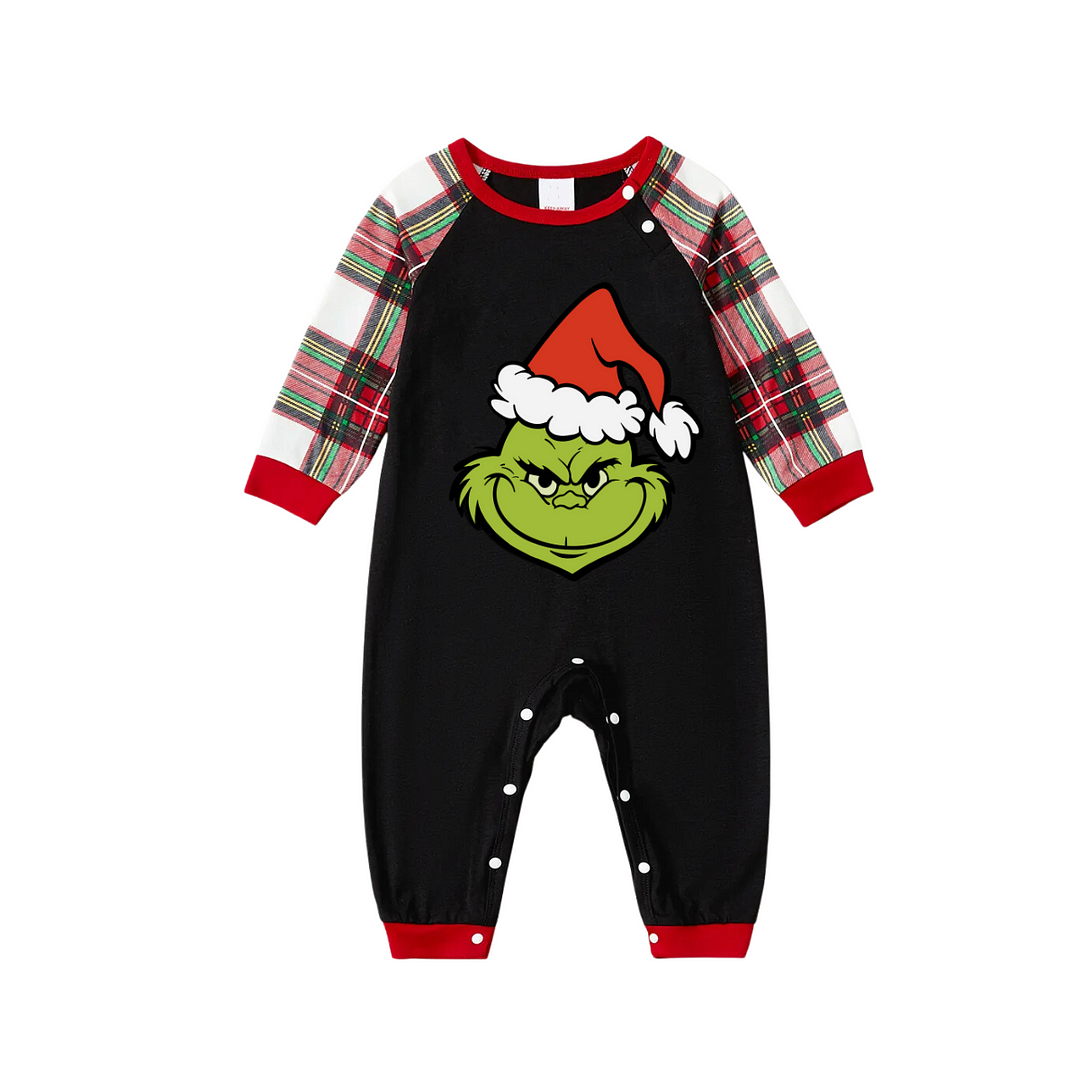 Christmas Cartoon Pattern Print Black Long Sleeve Top with Red & White & Green Plaid Family Matching Pajamas