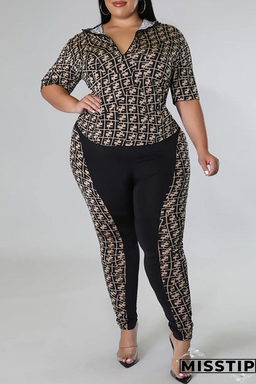 Black Fashion Casual Print Patchwork Zipper Collar Plus Size Two Pieces