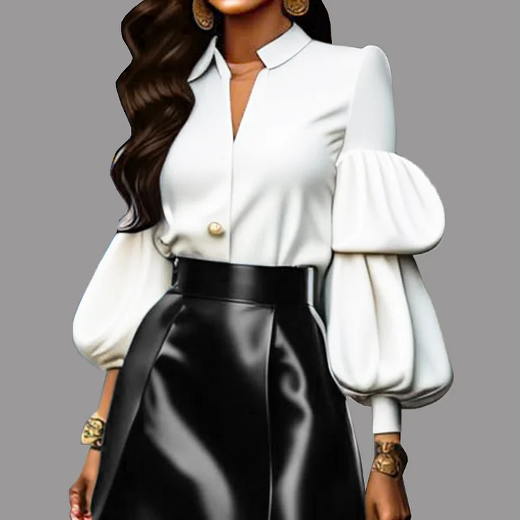 Elegant Shirt Collar Layered Lantern Sleeve Button Blouse