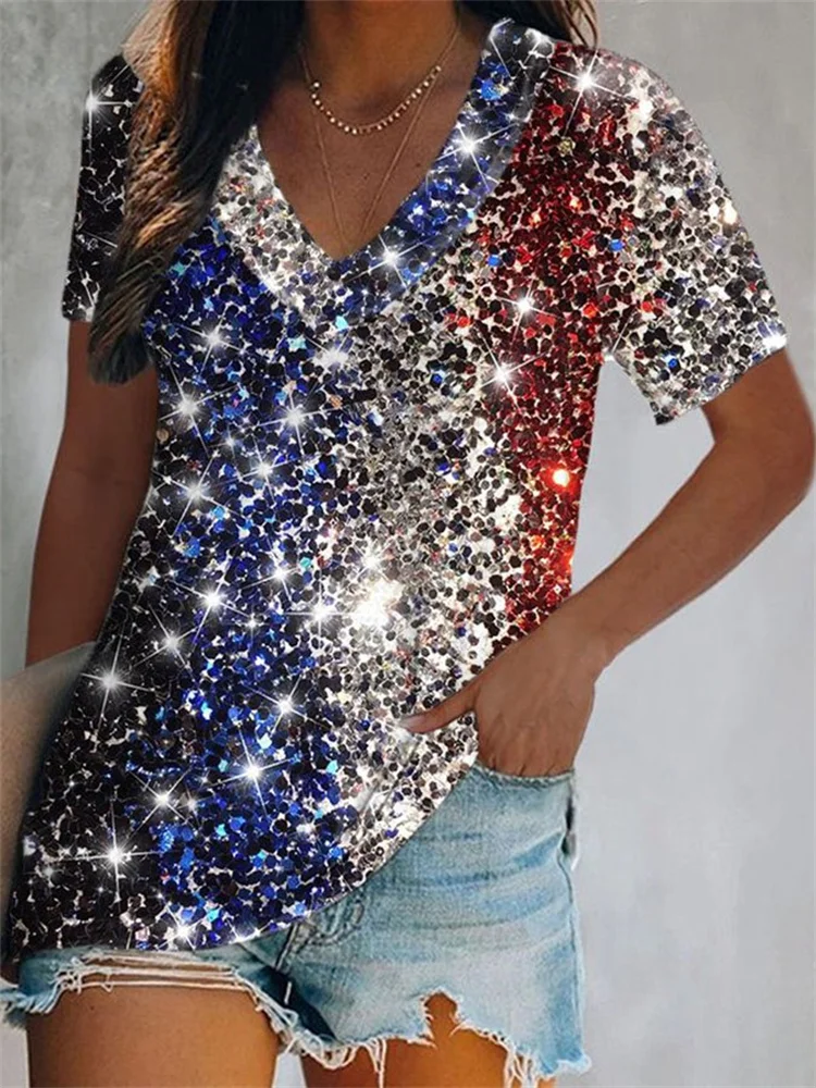 Flag Inspired Glitter Art V Neck T Shirt