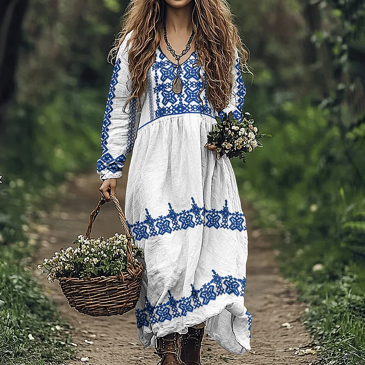 Utbros Cretan Pattern V-neck Loose Linen Blend Midi Dress