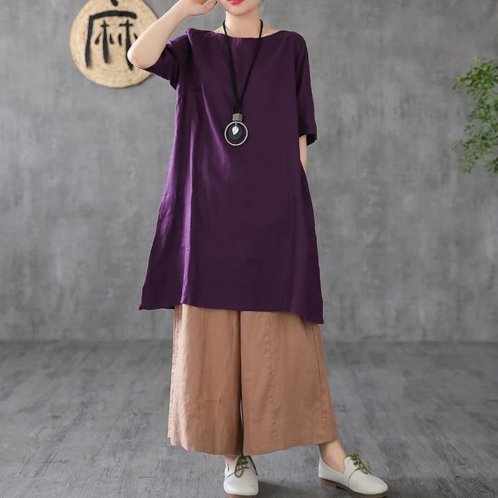 Italian purple linen Robes o neck pockets Plus Size summer Dress