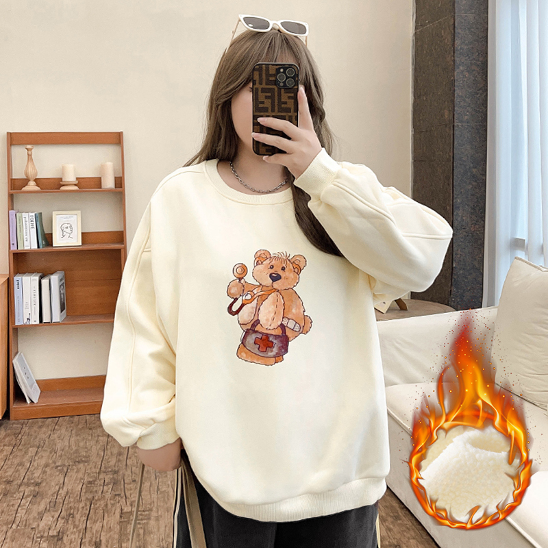 Cuddly Bear Letter-Print Plus-Size Fleece Cozy Sweater for Winter 