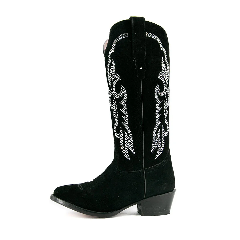 Black Vegan Suede Almond Toe Chunky Heel Rhinestone Tall Cowgirl Boots