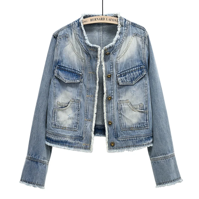 Women's Round Neck Retro Denim Jacket Chic Style