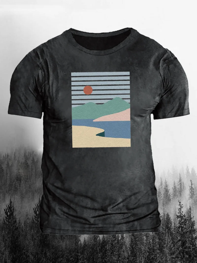Men's Retro Geometric Maca Sunset River Short-Sleeved Shirt in  mildstyles
