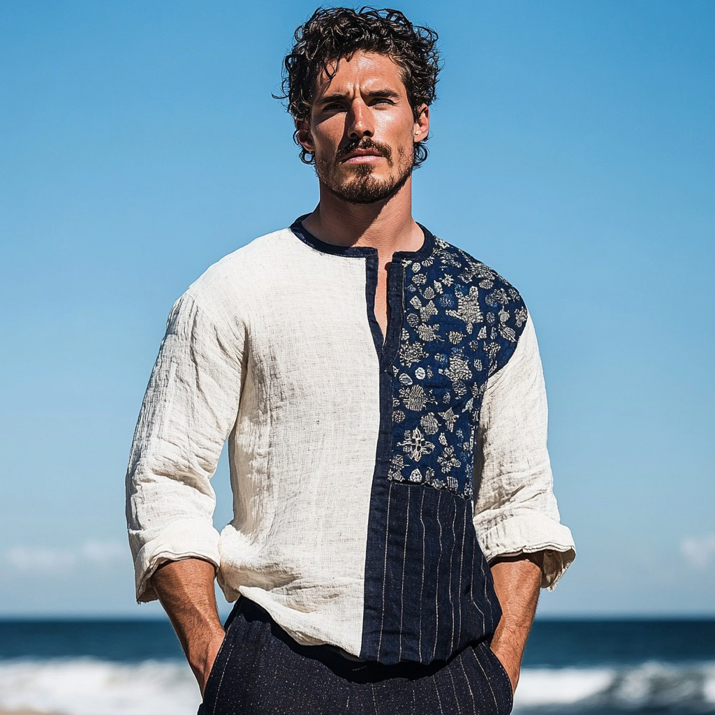 Men's Vintage Sashiko Patchwork Japanese Art Linen V-neck Shirt