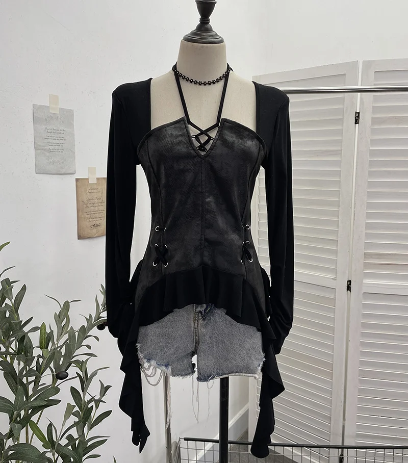 Nigikala Nigikala Tidal Irregular Hanging Neck Tie With Hollow Spliced Niche Pads On The Shoulder With Long-Sleeved T-Shirt 2695