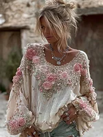 Women's Vintage Pink Rose Embroidery Art Round Neck Long Sleeve Linen Blend T-shirt