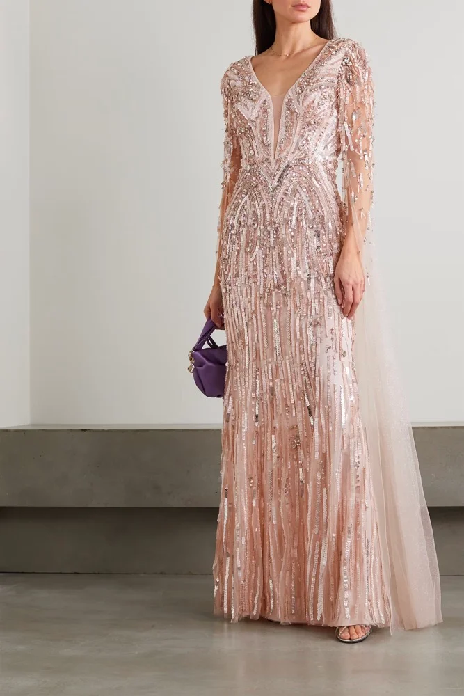 Cape-effect embellished tulle and satin gown