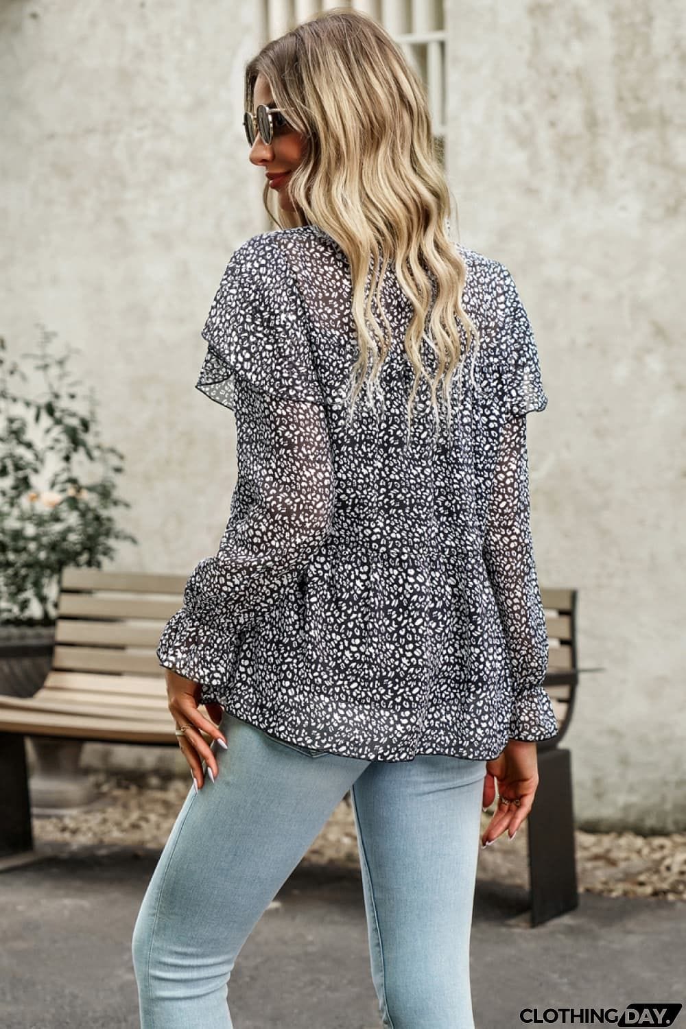 Printed Round Neck Flounce Sleeve Blouse