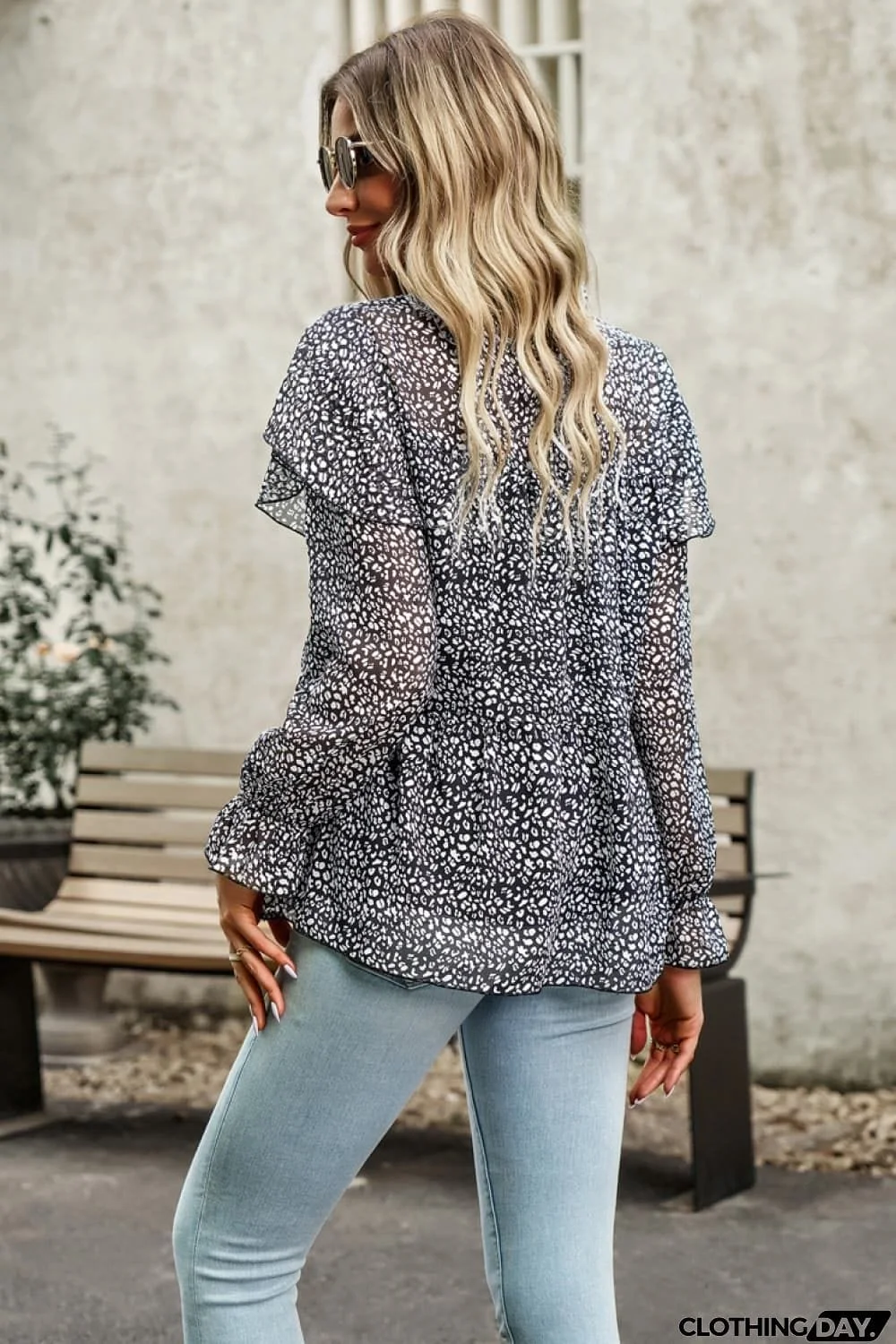 Printed Round Neck Flounce Sleeve Blouse