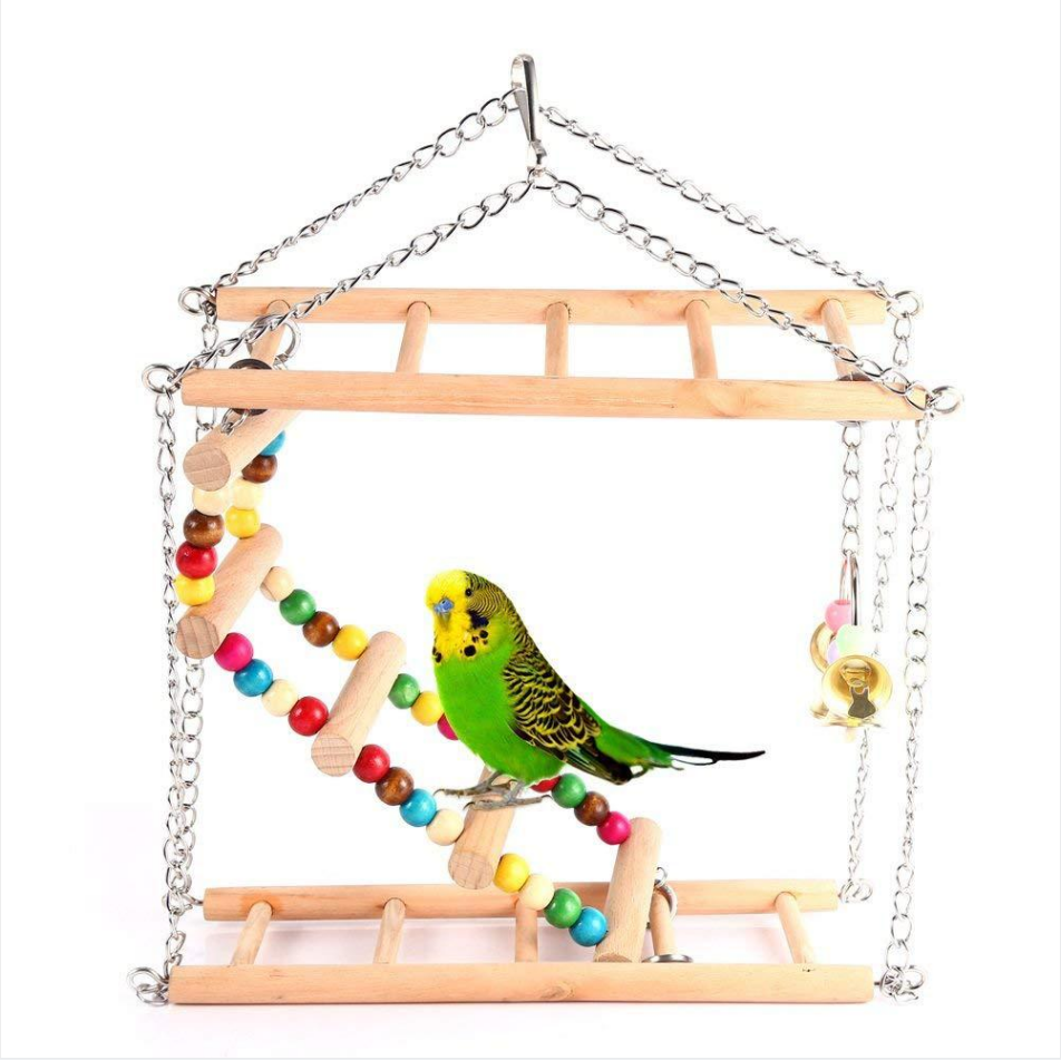 Parrots Toys Bird Swing Climbing Hanging Ladder Bridge Wooden Pet Parrot Macaw Hammock Toy With Bells