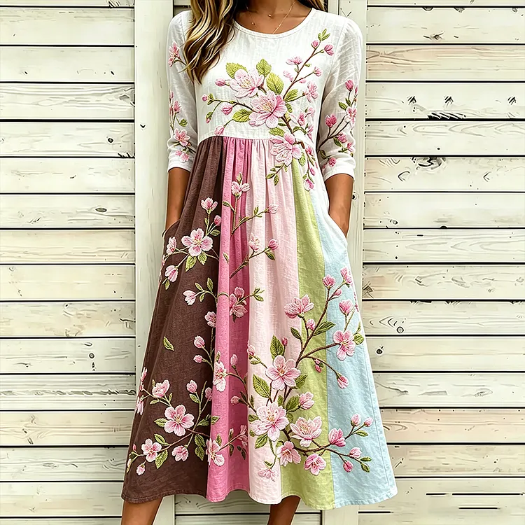 Women's Floral Embroidery Patchwork Art Comfortable Cotton Linen Dress