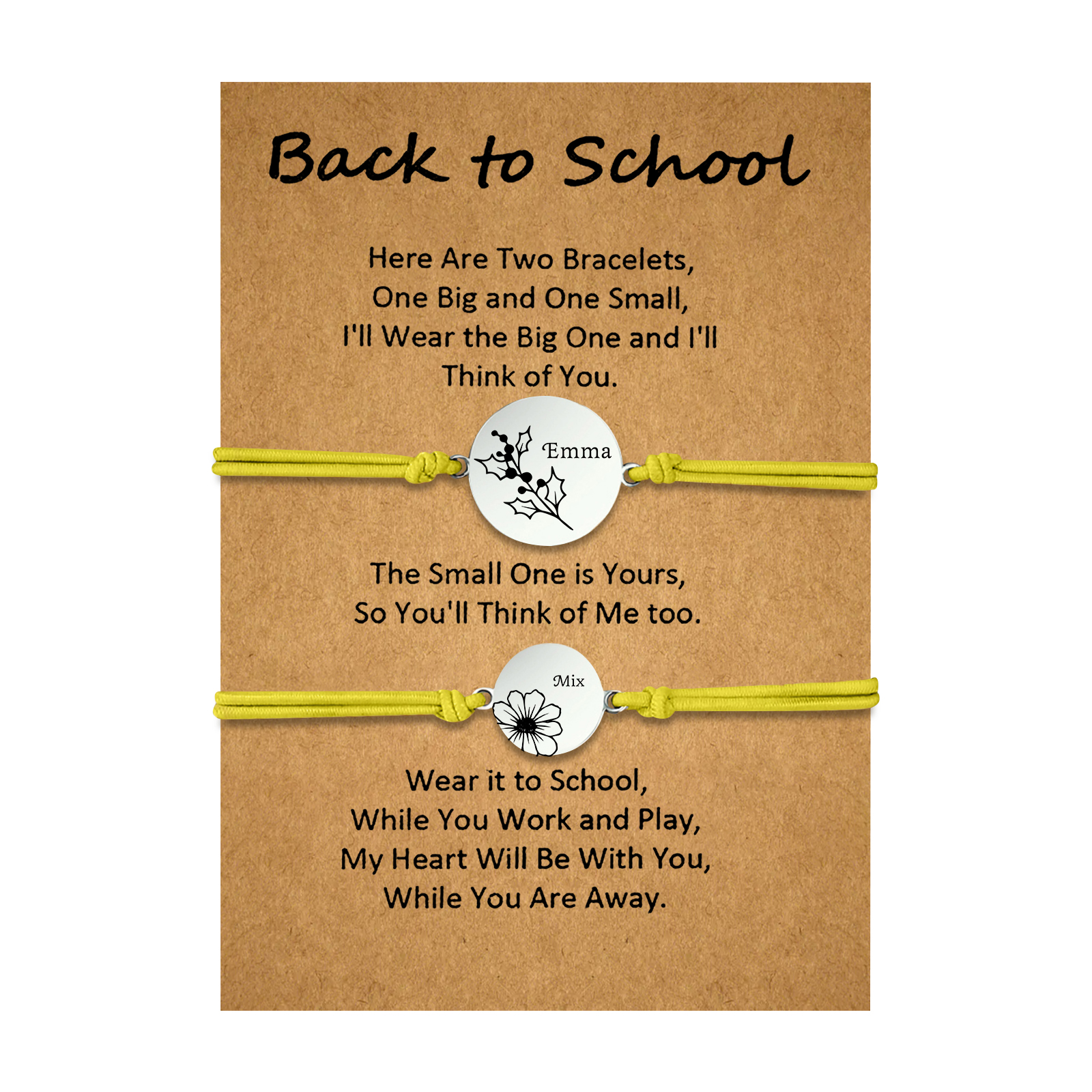 2 Pcs Bracelet Set Personalised Names & Birth Flowers Adjustable Bracelets with Message Card Back to School Gifts for Daughters-Jessemade AU