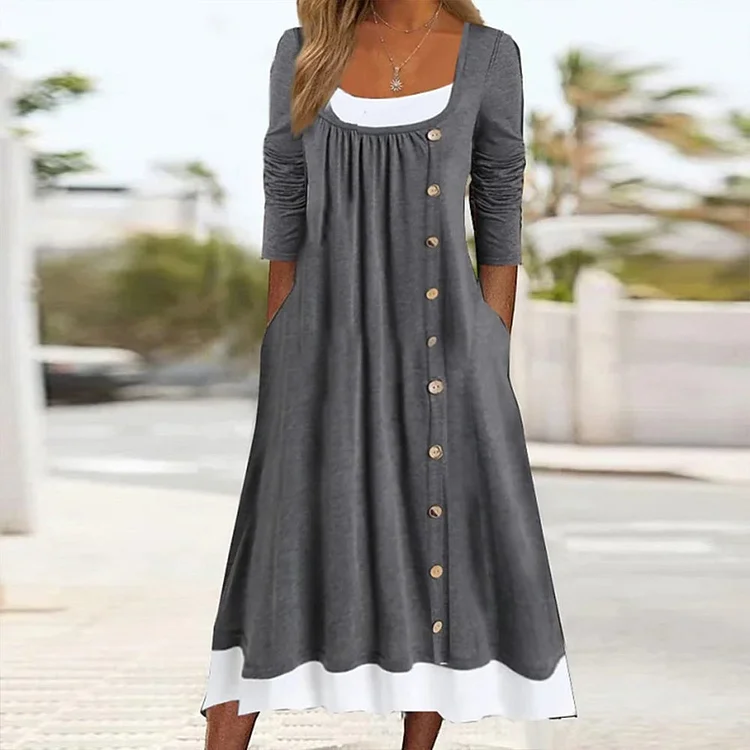 Gray Scoop Neck Button Front Twofer Midi beach dresses
