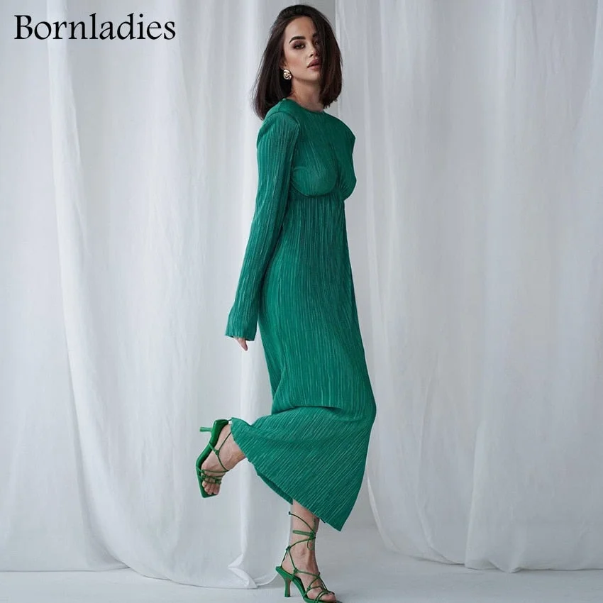 Bornladies Green Women Long Dress Elegant Pleated Hollow Out Evening Ladies Dress Ankle-Length O-Neck Backless Spring Dresses