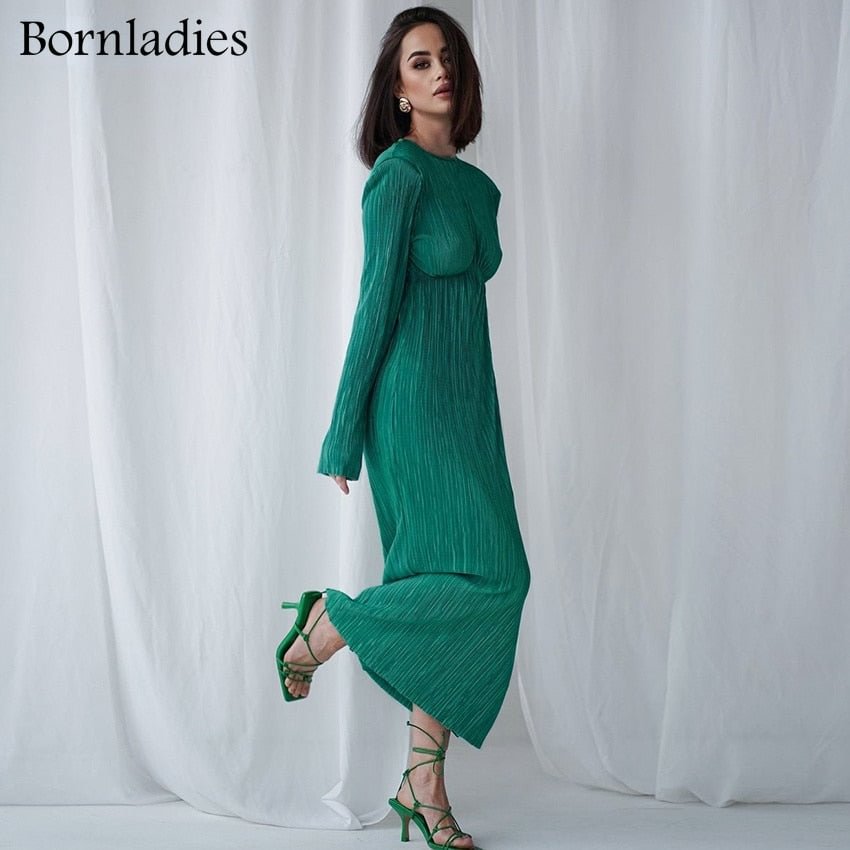 Bornladies Green Women Long Dress Elegant Pleated Hollow Out Evening Ladies Dress Ankle-Length O-Neck Backless Spring Dresses