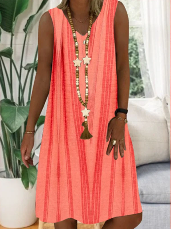 Women Sleeveless V-neck Striped Graphic Midi Dress