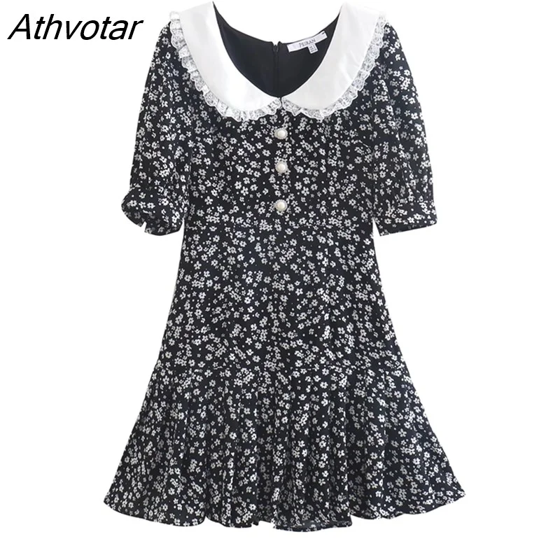 Athvotar Summer 2023 Women Lace Patchwork Peter Pan Collar Floral Print Dress Puff Sleeve Ladies Vintage Dress Chiffon Short Robe