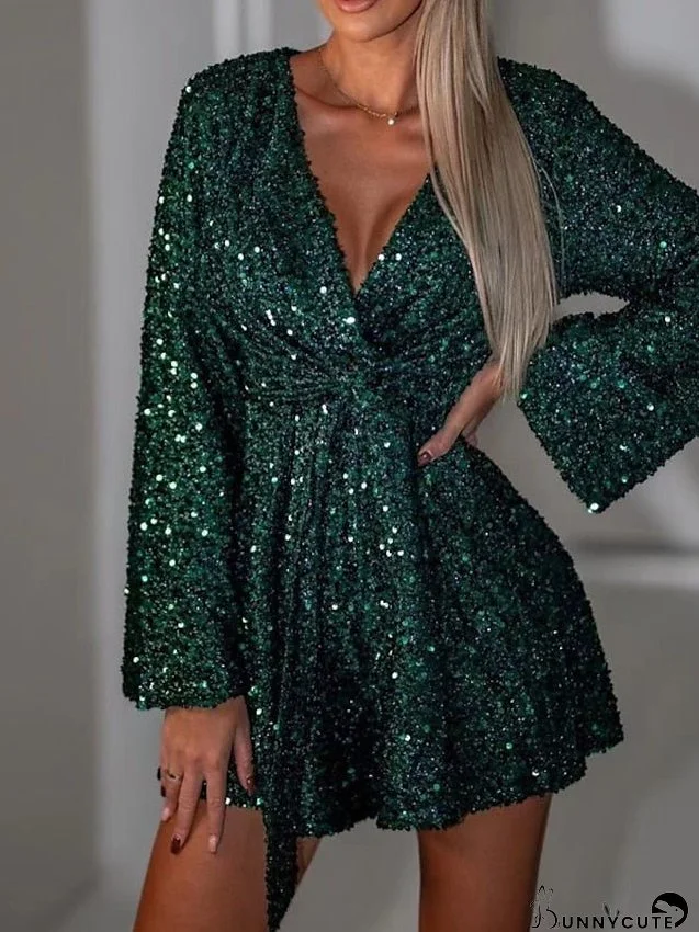 Party Dress Sequin Dress Mini Dress Black Green Gray Long Sleeve Pure Color Sequins Winter Fall Spring V Neck Fashion Party S M L XL for Women