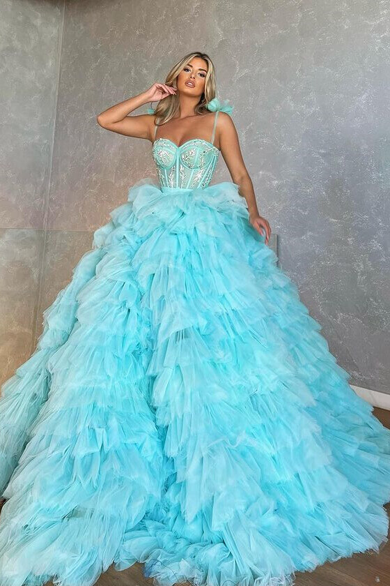 Bellasprom Blue Spaghetti-Straps Ball Gown Prom Dress Tulle Layered Sweetheart With Appliques Bellasprom