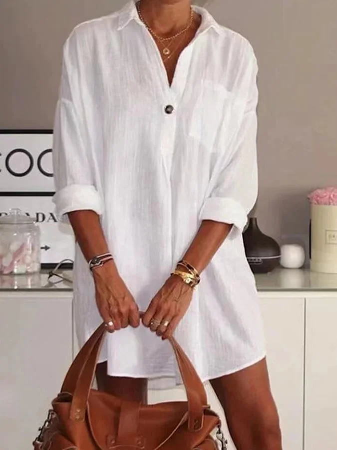 Women's Cotton Linen Casual V-neck Medium Sleeve Shirt