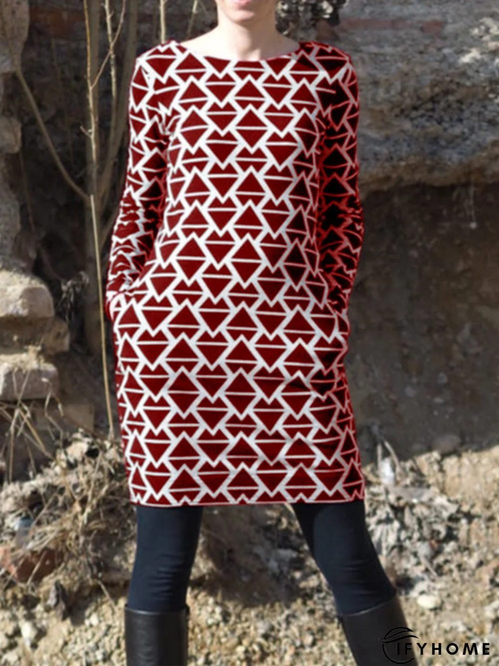 Casual Crew Neck Printed Knitting Dress | IFYHOME