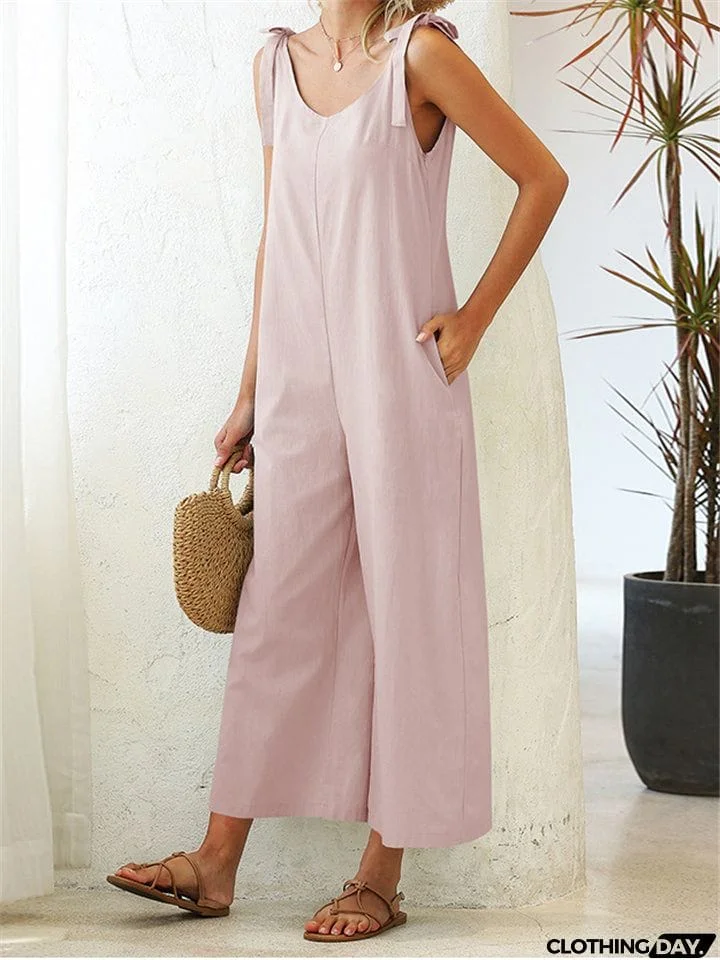 Women's Stylish Solid Color Sleeveless Loose Jumpsuit With Pocket
