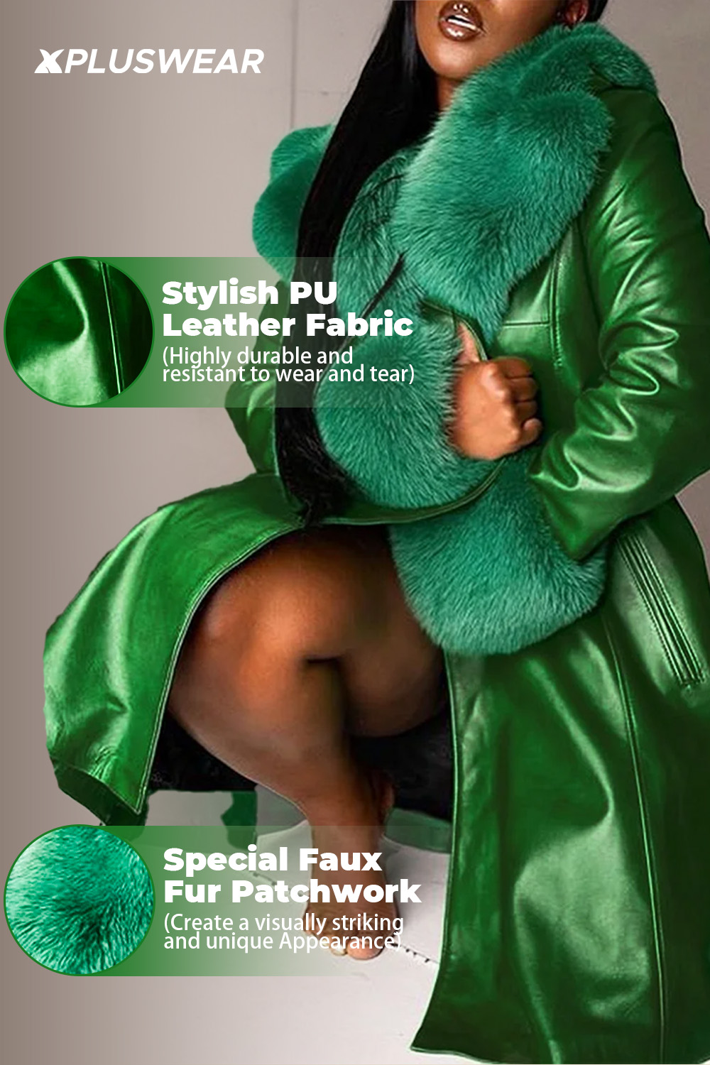 Plus Size Daily Emerald Green Turndown Collar Faux Fur Patchwork With Button Long Sleeve PU Leather Winter Ankle Length Outerwear Coat