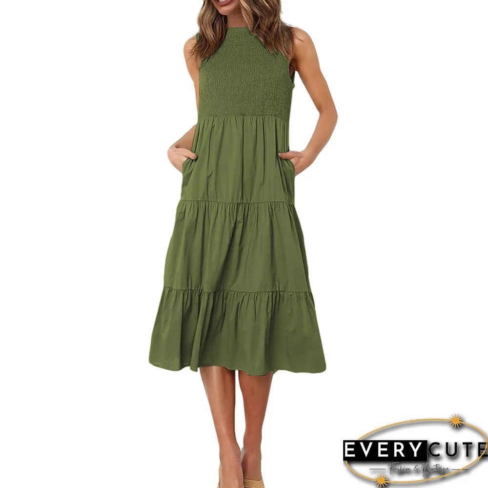 Green Sleeveless Pleated Back Lace-up Pocket Midi Dress