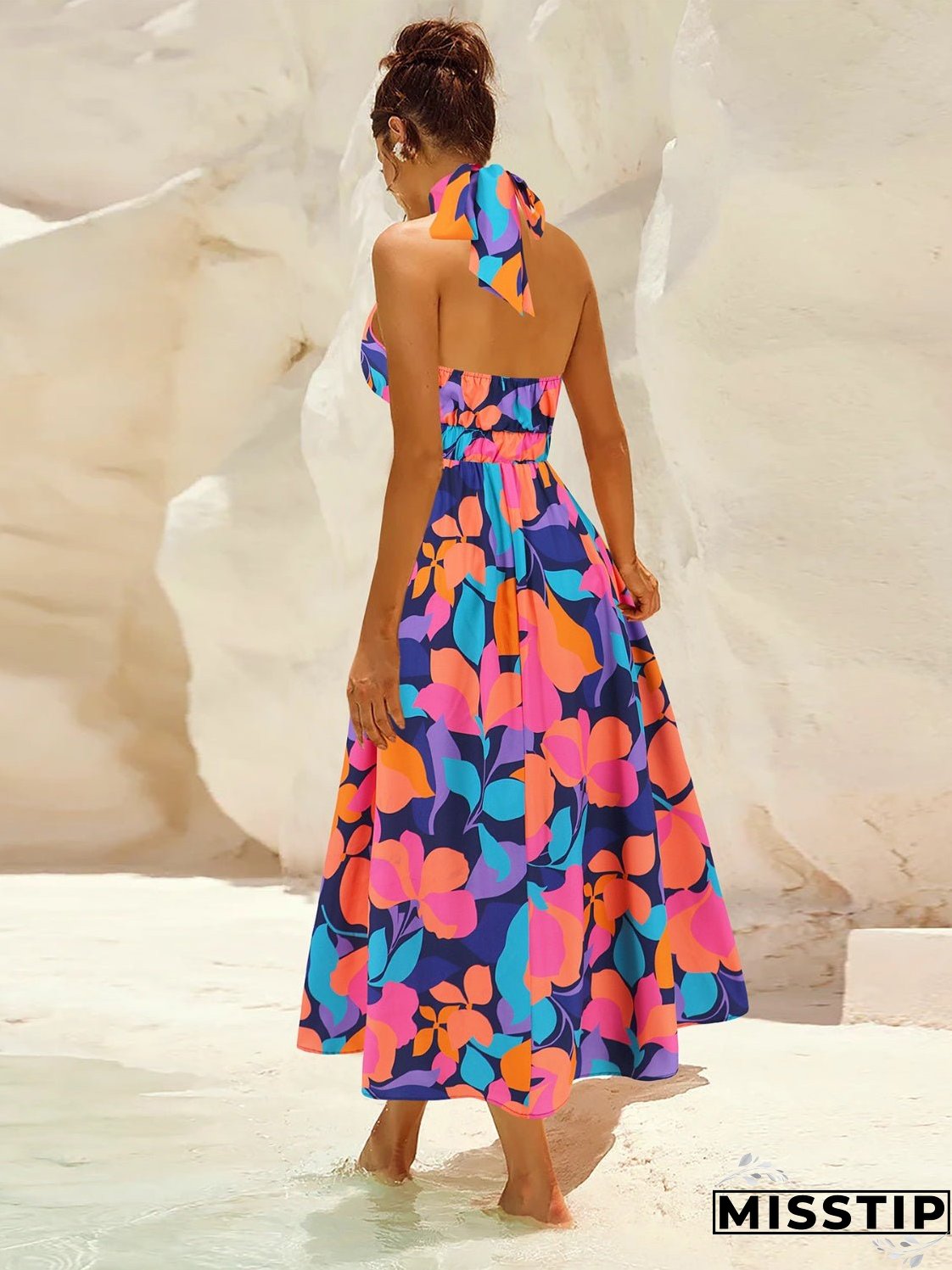 Ruched Printed Halter Neck Sleeveless Dress