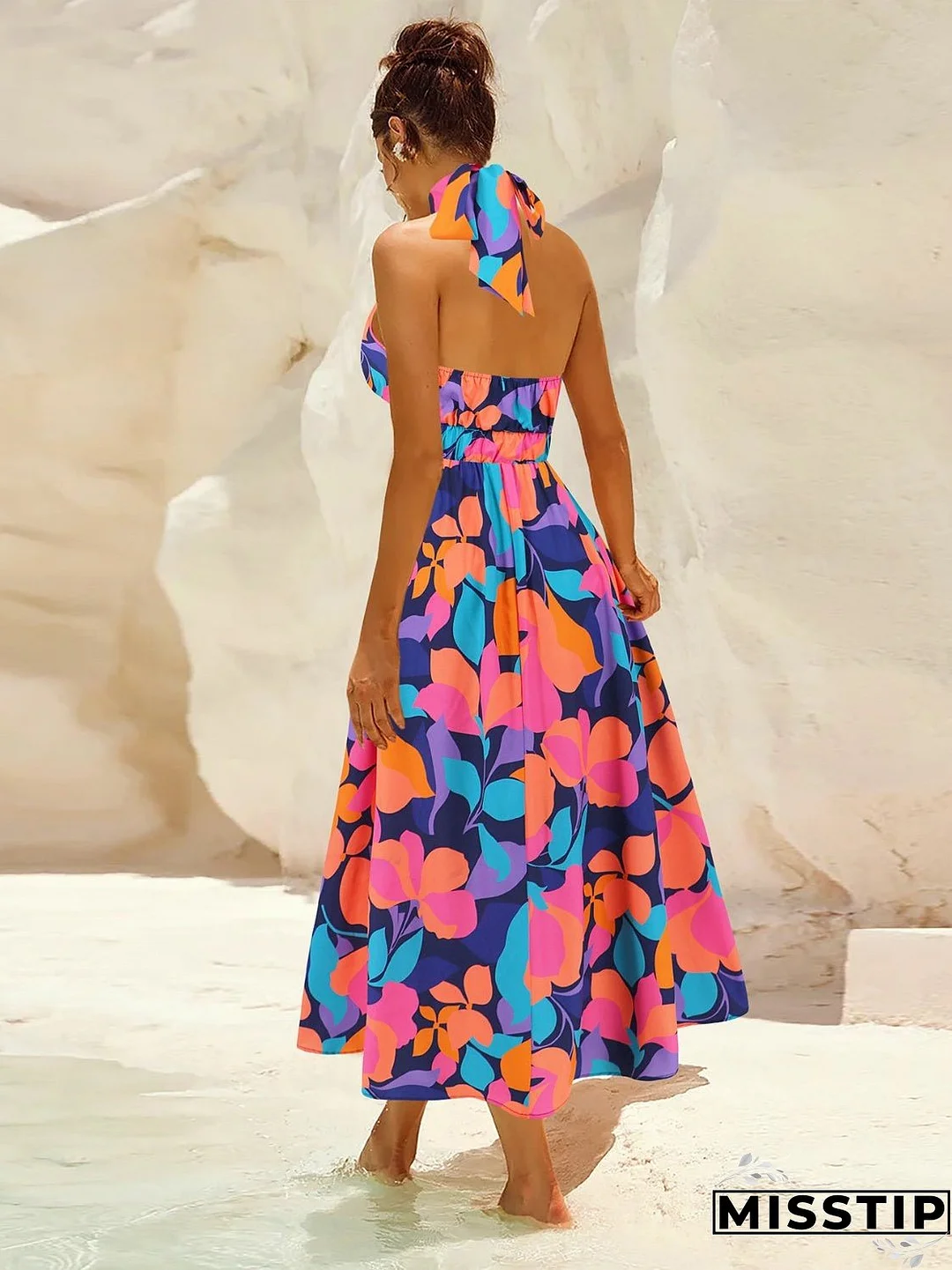 Ruched Printed Halter Neck Sleeveless Dress