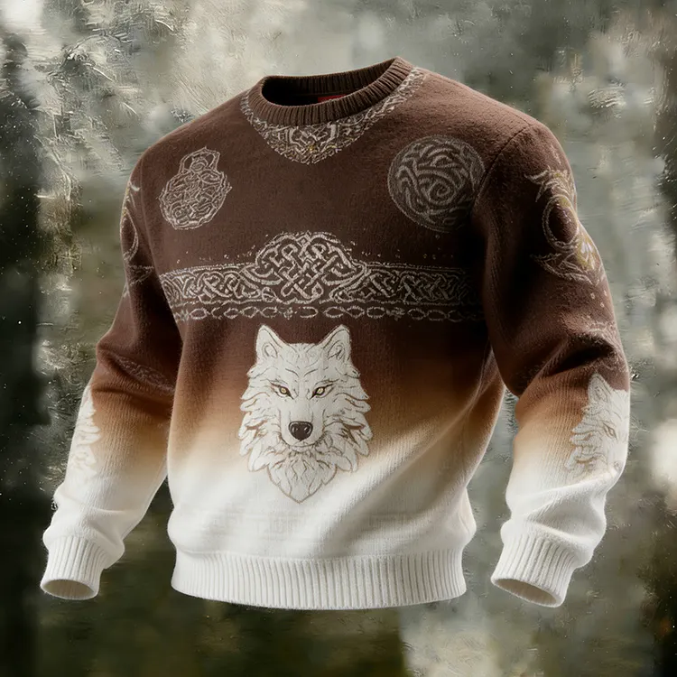 Men's Retro Gradient Celtic Knot And Wolf Print Crew Neck Sweater
