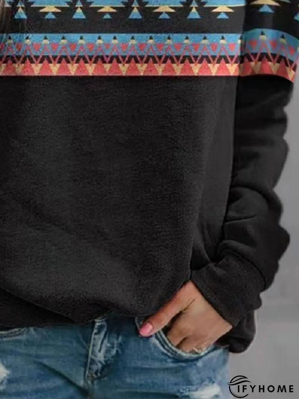 Vintage Geometric Printed Crew Neck Long Sleeve Casual Sweatshirt | IFYHOME