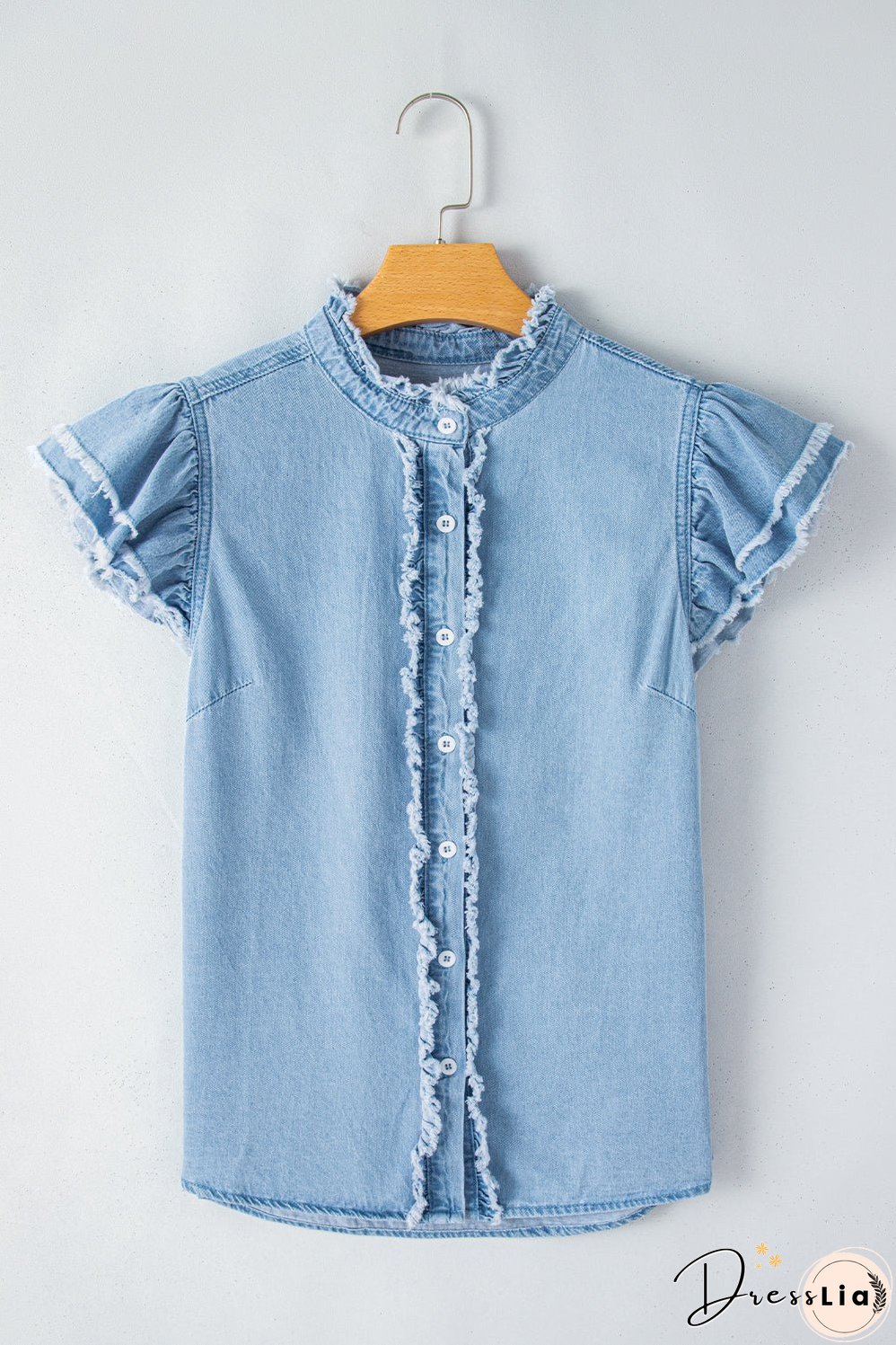Button Front Frayed Denim Top