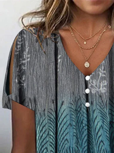 Women's Colorblock Graphic Printed Hollow Short Sleeve V-neck Top