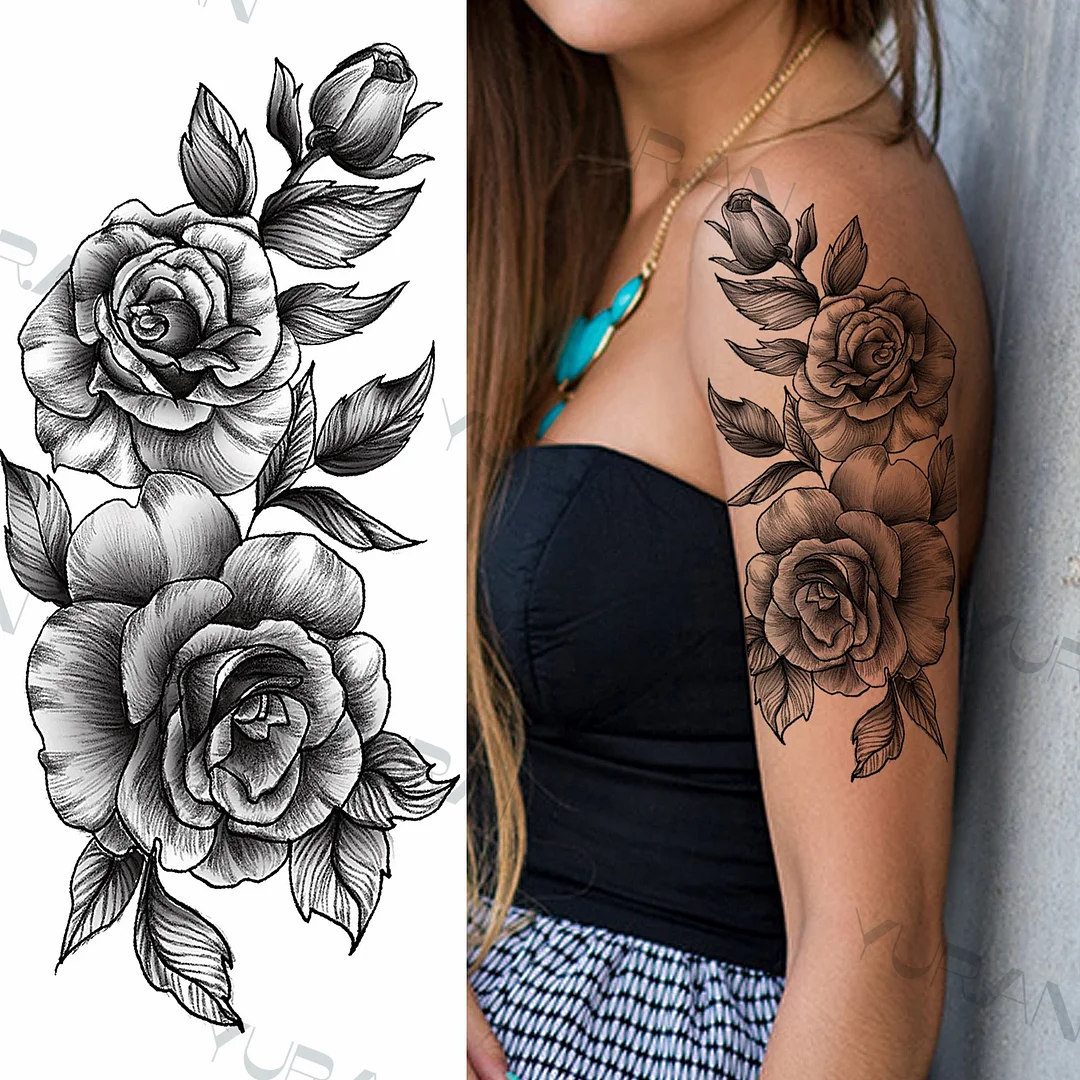 Black Large Snake Flower Fake Tattoo Sticker For Women Dot Rose Peony Temporary Tattoos DIY Water Transfer Tatoos Girls 530