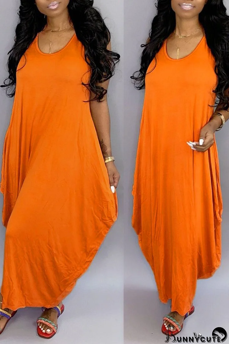 Orange Casual Solid Patchwork U Neck Long Dress Dresses