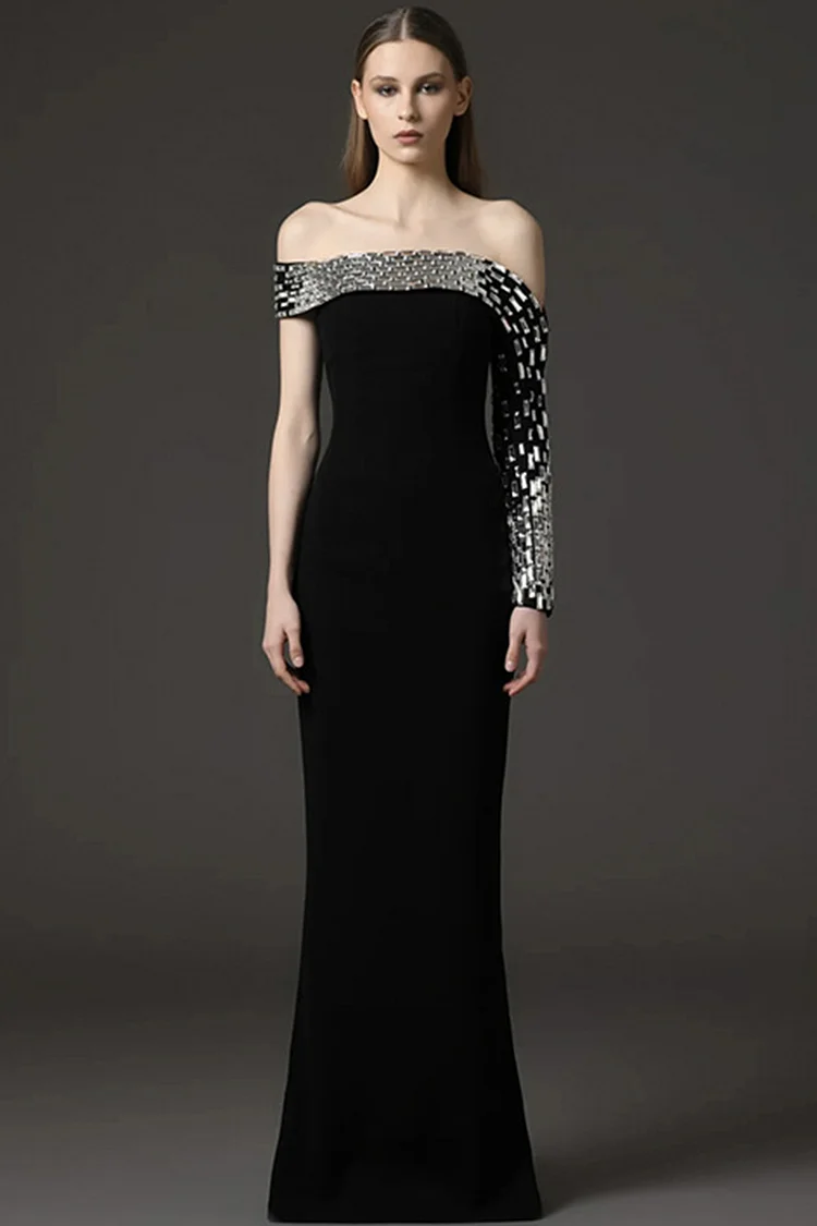 Off Shoulder One Sleeve Rhinestone Embellished Maxi Dress-Black