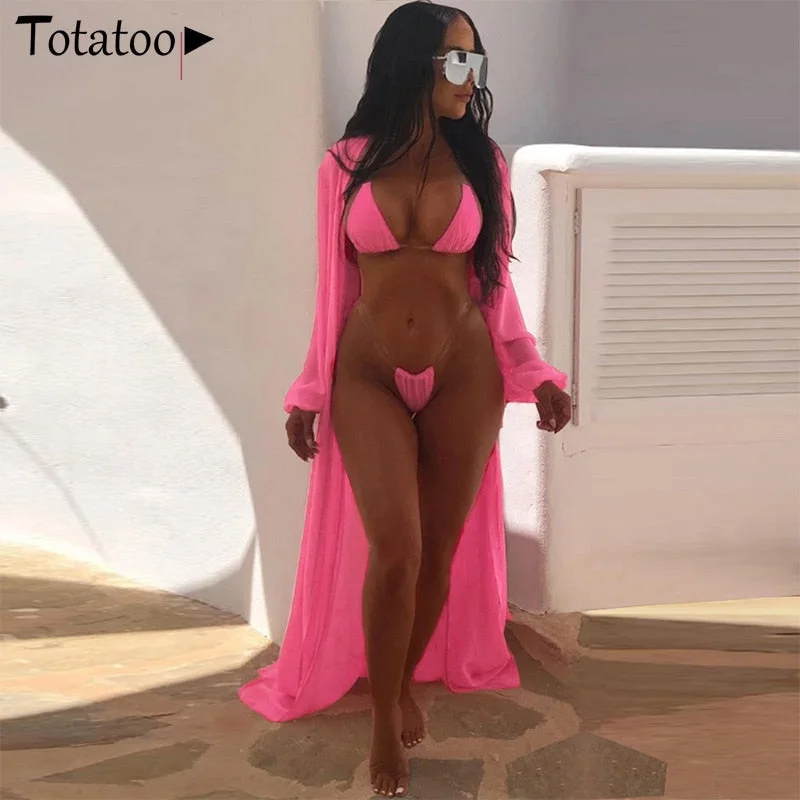 Totatoop Neon Pink Green 3Pcs Women Bikini Sets Boho Chiffon Long Cover Up Cardigan Beach Bathing Dress Swimwear Sets 531-1