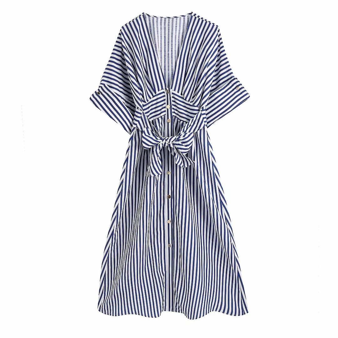 2021 Women Vintage V Neck Striped Print Bow Sashes Midi Shirt Dress Ladies Short Sleeve Slim Vestidos Chic A Line Dresses DS8394