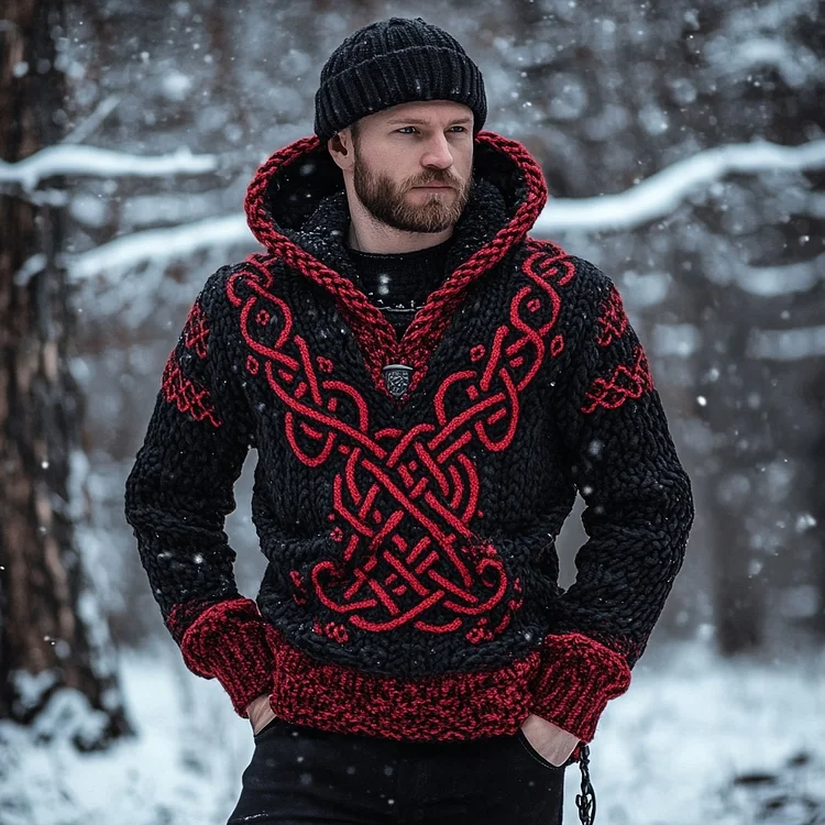 Viking Celtic Knot Pattern Knit Hooded Sweater