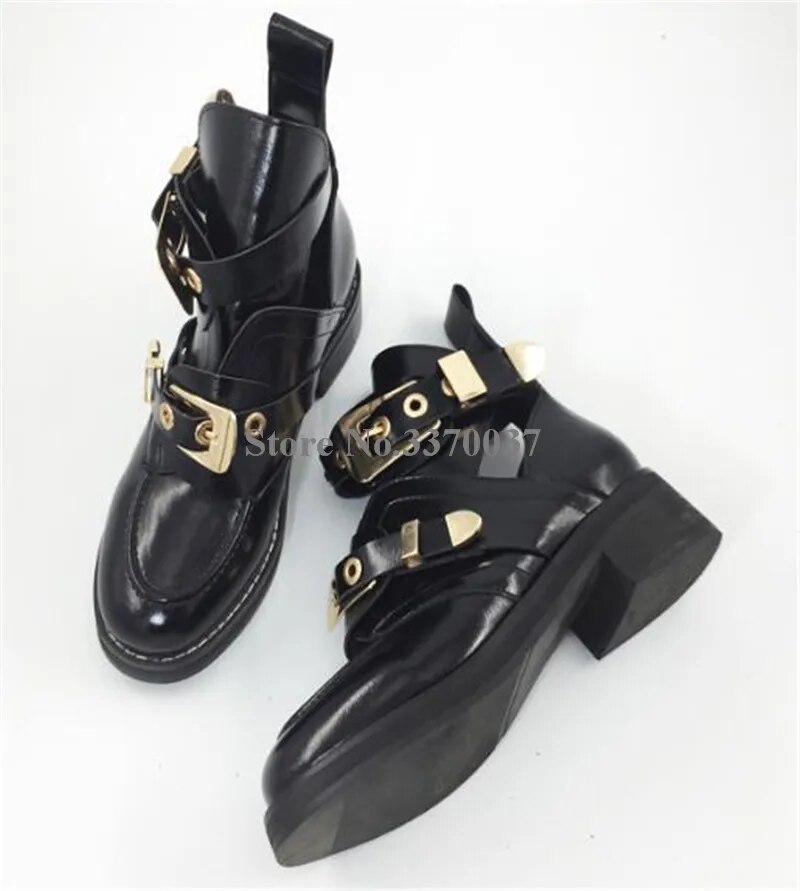 VCSHOES Round Toe Black Leather Gold Silver Buckle Flat Short Boots Cut-out Gladiator Riding Ankle Boots Motorcycle Boots