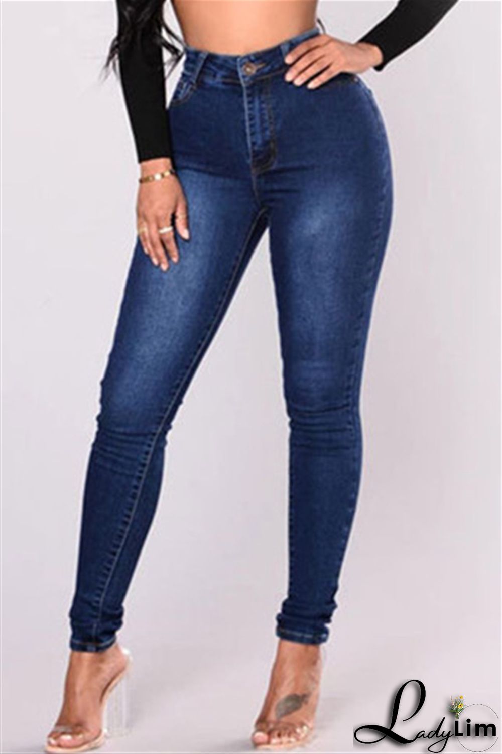 Black Fashion Casual Solid Basic High Waist Skinny Denim Jeans