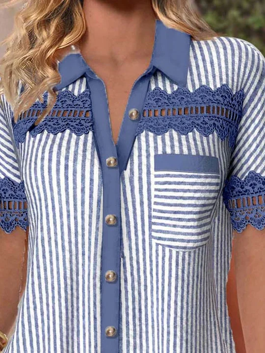 Women Short Sleeve V-neck Striped Printed Graphic Lace Hollow Stitching Button Tops